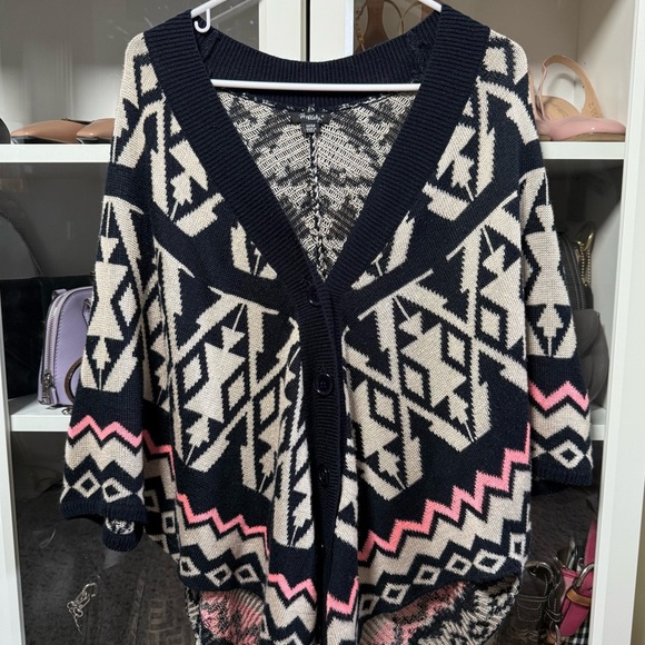 Rhapsody Colorful Blue and Beige Geometric Cardigan Sweater Poncho Size Medium - Picture 7 of 7